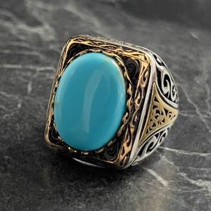 Anillo de Oro Amarillo de 14K para Hombre con Turquesa Azul Ovalada, Anillo Hecho a Mano con Piedra Azul Brillante, Plata de Ley 925, Diseño Antiguo - Product Image 3
