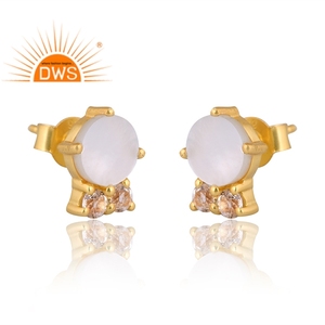 Stylish Design 925 Silver 18K Gold Plated <b>Mother</b> Of Pearl & White Topaz Gemstone Earring For Women Custom Jewelry Supplier - Product Image 3