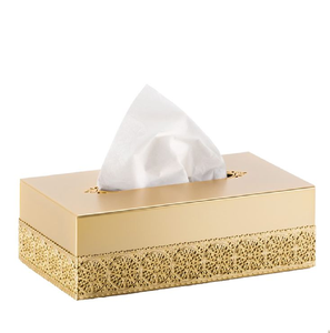 Boîte à mouchoirs élégante en or avec des motifs floraux peints à la main et des bordures texturées, ajoutant un charme vintage. Disponible au prix de gros - Product Image 4