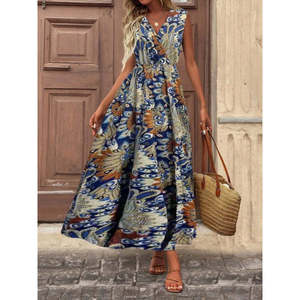 Vestido Maxi Estampado con Tirantes y Cuello Cruzado para Mujer de Jane's, Estilo Casual sin Mangas para Verano, Diseño sin Cinturón para Uso Diario - Product Image 1