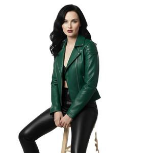 Chaqueta de Motociclista de Cuero Verde de Nuevo Diseño, Estilo Motero, Suministro Personalizado al por Mayor, Precio de Fábrica, Abrigo de Cuero Genuino para Mujer - Product Image 1