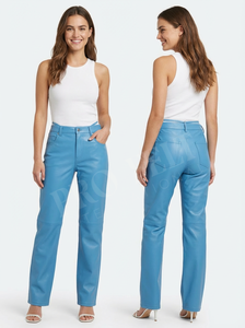 Pantalons en cuir de veau pour femmes, nouvelle collection 2026, taille basse, détails de sangles, plaque de logo en cristal, jambe droite, pantalon en cuir à panneaux - Product Image 4