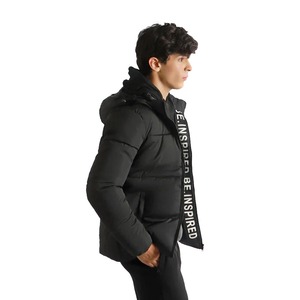 Chaqueta acolchada de talla grande para hombre al por mayor con cuello levantado, chaquetas de burbujas negras de alta calidad con capucha, forro interior estampado - Product Image 2