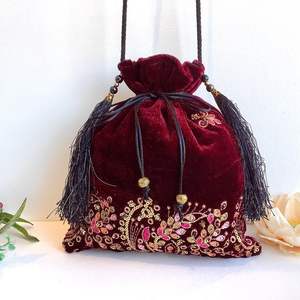 2025 New Designer Wristlet Potli <b>Bags</b> Fashionable <b>Velvet</b> Fabric with Crystal Glass Beads Pearl Embroidery for Weddings Made Silk - Product Image 1