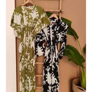 Robe décontractée noire en tissu satiné et dentelle, motif géométrique Ikat, taille élastique, confortable, douce, respirante, manches longues, personnalisable avec logo, taille XL - Product Image 5