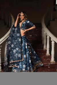 <b>Navy</b> Blue Floral Lehenga Set with Printed <b>Skirt</b> Deep Neck Blouse and Dupatta Elegant Designer Indian Festive Wear Outfit Fashion - Product Image 5
