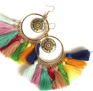 <b>Large</b> Colorful Multi Tassel <b>Hoop</b> Earrings Boho Jewelry Fringe Tassel Earrings - Gold - Long - Product Image 1
