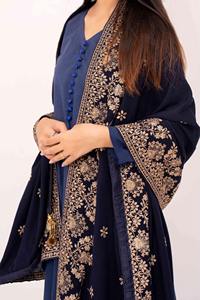 Chal Largo de Terciopelo con Diseño Étnico Sólido, Material de Poliéster Transpirable, Bordado, Ropa de Invierno para Mujer, Pakistán - Product Image 2