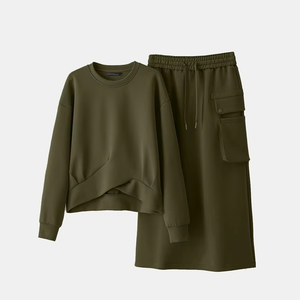 Ensembles 2 pièces pour femmes grandes tailles, mode printemps, col rond, poignets plissés, manches longues, ourlet noué, sweat-shirts, jupes midi, décontractés - Product Image 5