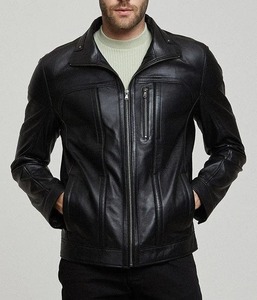 Venta al por mayor por encargo para hombre negro con cremallera Acento piel de cordero chaqueta de motorista chaqueta de cuero real - Product Image 2