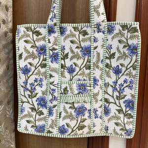 Floral Print Cotton Quilted Tote Bag Reusable Shopping Carryall Handmade Quilted Cotton Tote Large Indian Travel Shoulder Bag - Product Image 5