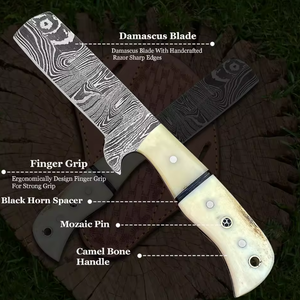 Couteau de chasse en acier Damas sur mesure en gros OEM, lame fixe pleine soie, fourreau en cuir, manche en os, couteau utilitaire - Product Image 4