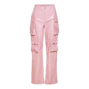 定制streatwear高腰黑色粉色pu皮裤仿皮工装裤女2023