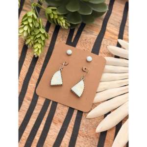 Navajo <b>Opal</b> & Sterling Silver Dangle and <b>Stud</b> <b>Earring</b> Set Vintage Geometric Gold Plated Jewelry with Pearl and Diamond Stone - Product Image 2