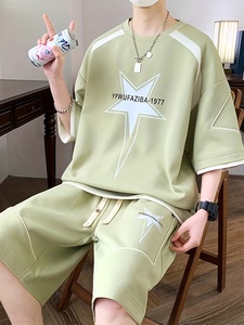 Nuevo verano alta calidad moda dos piezas traje deportivo Logo personalización transpirable puro algodón hombres traje jóvenes al por mayor - Product Image 4