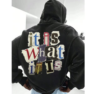 Sweat à capuche surdimensionné d'hiver avec poches kangourou zippées imprimées sur le devant et poignets à ourlet côtelé Épaules tombantes noires-Service OEM - Product Image 6