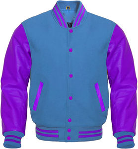 Veste bomber de style baseball sur mesure pour homme, bleu ciel, manches violettes, poignets rayés roses, col montant, vente en gros - Product Image 1