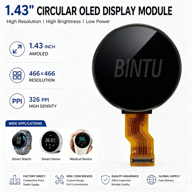 Sunlight Readable 1.43 Inch Circular OLED 466x466: 800nits High Brightness Round AMOLED Module for Professional Sports Watch
