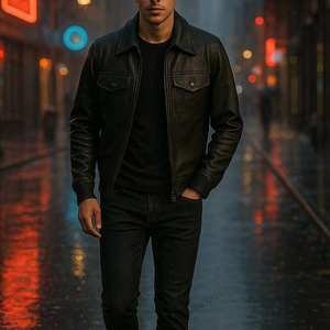 Veste décontractée en cuir pleine fleur véritable imperméable pour homme, style streetwear, avec logo frontal - Fournisseur en gros - Product Image 2