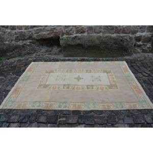 Alfombra étnica Vintage turca Beige verde 5,4X7,9 pies clásica área grande rectángulo patrón de retazos lana látex respaldo habitación alfombra - Product Image 4
