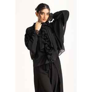 Haut décontracté pour femme WM-CS-SS24-067 à volants, logo brodé, en tissu popeline tricoté, rayé uni, tailles XS-XL, pour printemps, été, automne - Product Image 4