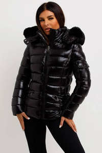 Women's High Shine Puffer Jacket with <b>Faux</b> <b>Fur</b> Hood Glossy Quilted Winter <b>Coat</b> Insulated Padded Outerwear Slim Fit Warm <b>Bubble</b> - Product Image 2