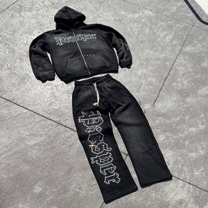 Conjunto de Dos Piezas de Sudadera con Capucha de Felpa Francesa de Algodón Grueso para Hombre, Estilo Vintage Lavado Personalizado, Chándal Holgado con Pedrería Desgastada por el Sol - Product Image 1