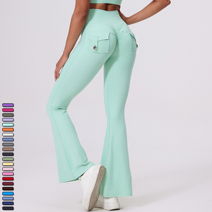 Pantalones de Yoga de cintura alta con bolsillo de carga sólido para mujer, pantalones acampanados, deportes, efecto de levantamiento de glúteos, transpirables, de secado rápido - Product Image 3