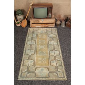 พรมวินเทจขนาดเล็ก 3.8x6.6 ฟุต พรมตุรกีลายเรขาคณิตสีเขียว - Product Image 1