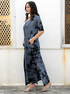 Breezy and Relaxed <b>Women</b> Summer <b>Beach</b> Tie Dye Long Kaftan Short Sleeves <b>Beach</b> <b>Women</b> Regular Size V Neck With Side Pockets Dress - Product Image 3