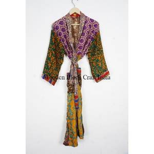 Women's Beautiful Stylish Vintage Silk <b>Kimono</b> Handmade Indian Patchwork Print Comfortable <b>Long</b> Nightwear Drawstring for Summer - Product Image 6