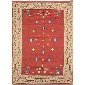 พรมขนสัตว์ทำมือขนาดใหญ่ Nayaab รูปทรงสี่เหลี่ยมผืนผ้า 9x12 ฟุต ลายเรขาคณิตสีแดงส้มคลาสสิก ทอแบบเรียบ สำหรับทางเข้าบ้าน-Paem-954 - Product Image 1