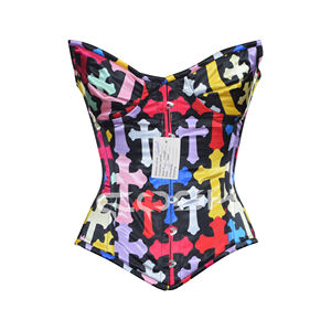 Party Wear Steel Boned Underwire Cups Overbust Cross Print <b>Corset</b> - Product Image 3