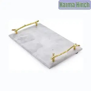 Plateau de service en marbre de luxe Nouveau dernier plateau de décoration intérieure Plateau de service en marbre noir de haute qualité avec poignée en métal doré Décor de table - Product Image 6