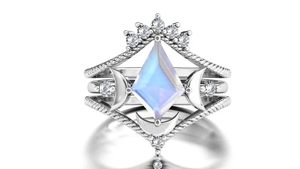 Juego de anillos de boda de compromiso de piedra lunar en forma de cometa de plata 925 'Moon My Life' estilo clásico chapado en rodio para fiestas de aniversario - Product Image 2