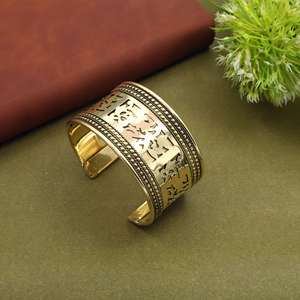 Bohemian Cuff <b>Bracelet</b> Golden Statement Tribal Pattern <b>Bracelet</b> Wide Bohemian Jewelry Ethnic Style - Product Image 1