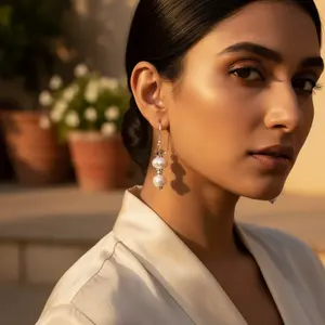 Boucles d'oreilles pendantes en argent 925 avec perle et pierre précieuse, cadeau pour femme - Product Image 2