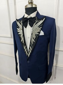 Trajes azules bordados de alta calidad para hombre, 2 piezas de talla grande, corte ajustado, formas de un solo pecho, vestido de novia, esmoquin para hombre - Product Image 3