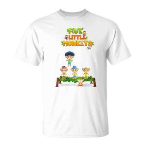T-shirt promotionnel pour enfants, motif 'Cinq Petites Singes' (pièce de chant populaire), design adapté à l'âge avec des singes sauteurs sur le lit - Product Image 1