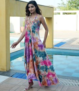 Robe Maxi Spaghetti de Designer Indien Travail à la Main Multi Tie Dye pour Femmes - Product Image 1