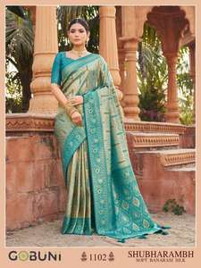 Sari en soie Banarasi douce Shubharambh Gobuni - Style réversible décontracté pour les occasions de mariage et de Diwali - Vêtements indiens et pakistanais - Product Image 6