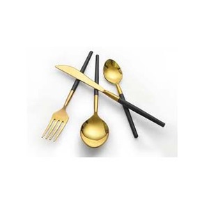 Gold <b>Mirror</b> Polished With <b>Black</b> Resin <b>Round</b> Handle Wedding Set Simple Design Classic Cutlery Set - Product Image 1