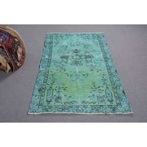 Tapis turc vintage 3.3 x 6.2ft bleu vert Patchwork Design laine tissage plat pour salon décor Latex soutenu - Product Image 1