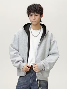 Sudadera con Capucha y Cremallera para Hombre, 100% Algodón, Felpa Francesa, Bolsillo, Diseño de Contraste Interior/Exterior, Corte Holgado, Manga Larga - Product Image 4