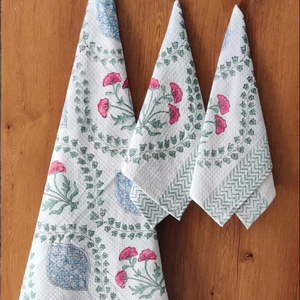 Unisex <b>Hand</b> Block Printed Tree Pattern Bath <b>Towel</b> Set High Quality Organic Waffle Cotton Solid Color - Product Image 1