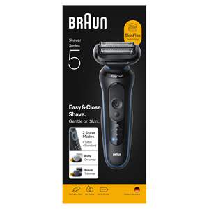 Rasoir électrique bleu pour homme, autonomie de 50 minutes, cinq lames, fonctionnement humide et sec, IPX7, 2 accessoires inclus - Product Image 1