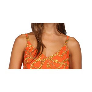 Top Canotta da Donna Michael Kors X-Small Arancione Plissettato in Raso Intrecciato con Stampa a Catena Traspirante - Product Image 4