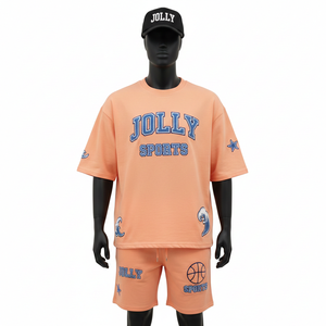 Men Premium Cotton Jersey <b>Shirt</b> and Short Set 220 GSM <b>Peach</b> Sportswear Screen Print Custom Logo Men's Jogging Short Set - Product Image 1