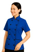 Veste de chef à manches courtes pour femme, coupe ajustée, uniforme culinaire professionnel, poly coton, couleurs personnalisées OEM, sur mesure pour restaurant et bar