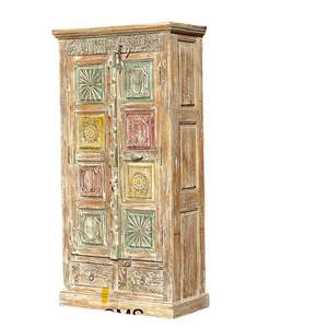 Armario Portátil de Lujo Rústico con Paneles Florales Multicolor Tallados, Hecho de Teca, Plegable para Apartamento - Product Image 1